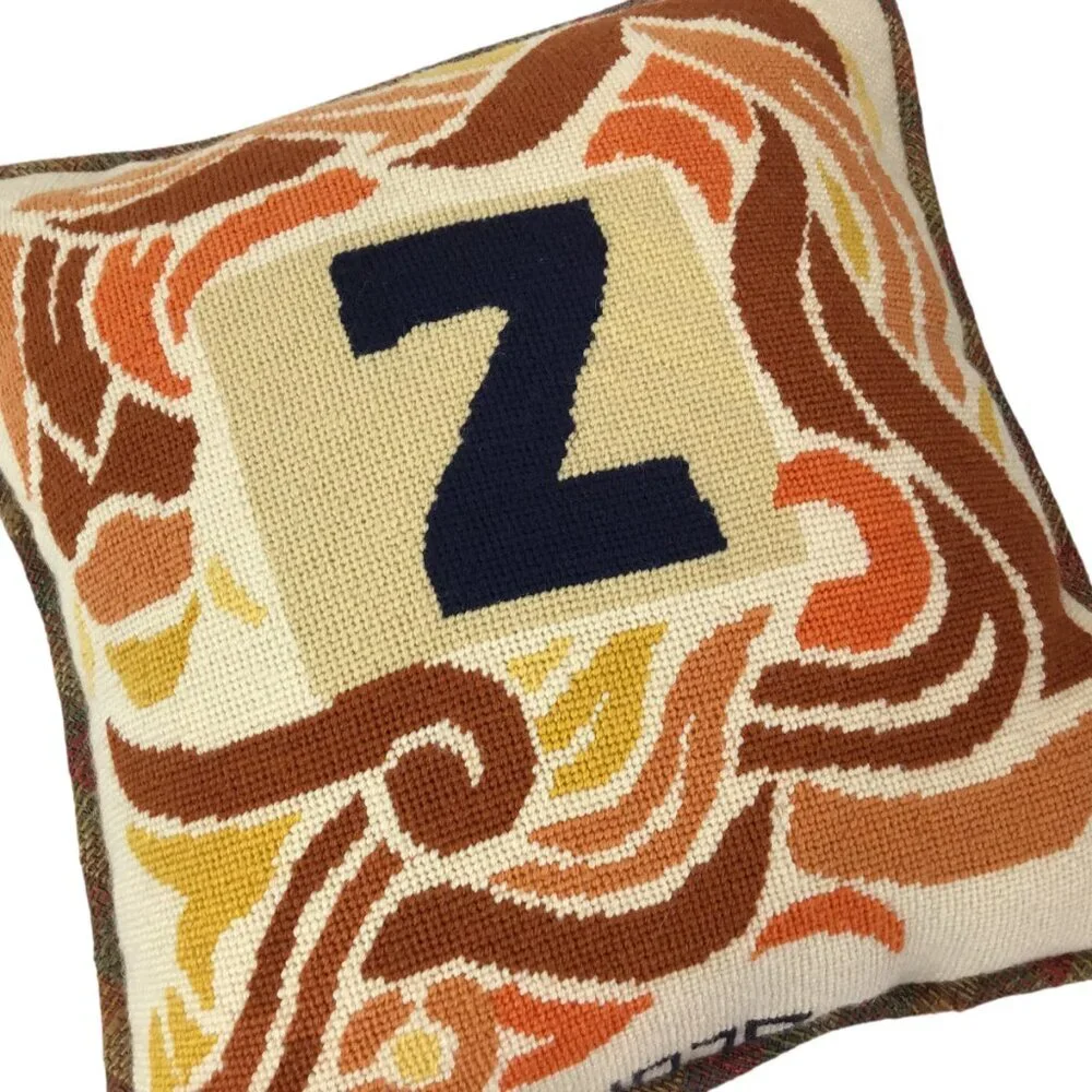 Vintage 1975 Needlepoint Pillow Initial Z Monogram Letter Retro Mod Groovy